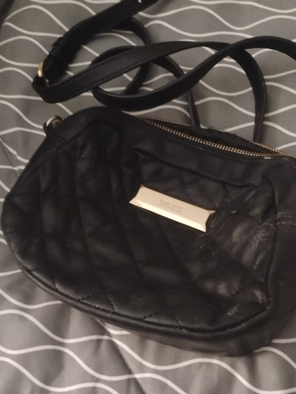 DKNY Black Quilted Crossbody Bag with Gold Plate